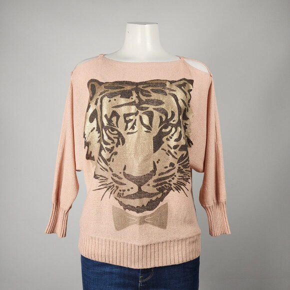 Orange Fashion Village Pink Tiger Graphic Knit Sweater Size M/L - Picture 1 of 9
